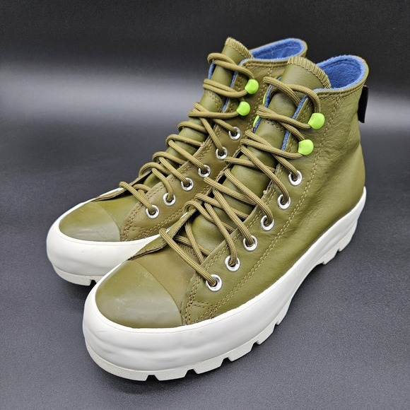 Converse Hi Leather Womens 9‎ Gore-Tex Lug Ankle Boots Olive Green Lace Up Shoes - Picture 1 of 8